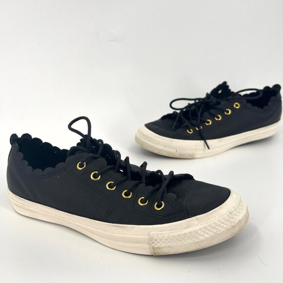 Converse Frilly Thrills Black Leather Sneakers With Scalloped Edge & Gold Eyelet - Picture 2 of 10